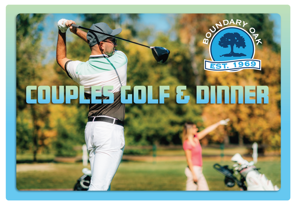 Couples Golf & Dinner Headline over image of couple playing golf